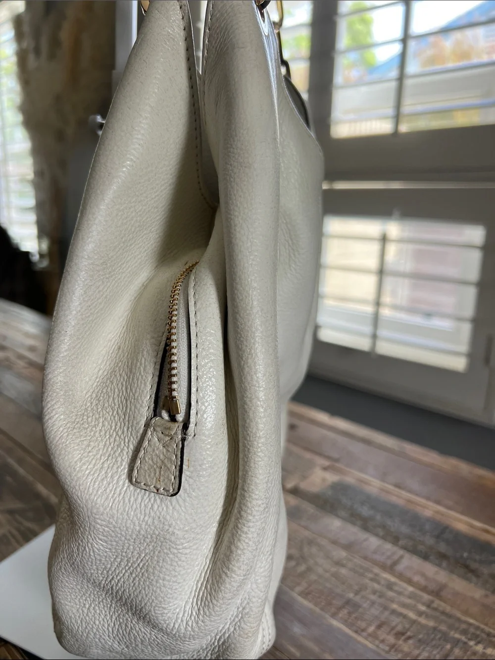 Michael Kors Ivory Pebbled Leather Shoulder Hobo with Gold MK Logo